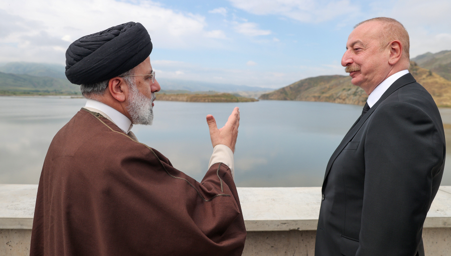 Iranian President Ebrahim Raisi (L) and his Azeri counterpart Ilham Aliyev open a joint dam project on Iranian-Azeri border on May 19, 2024.
president.ir