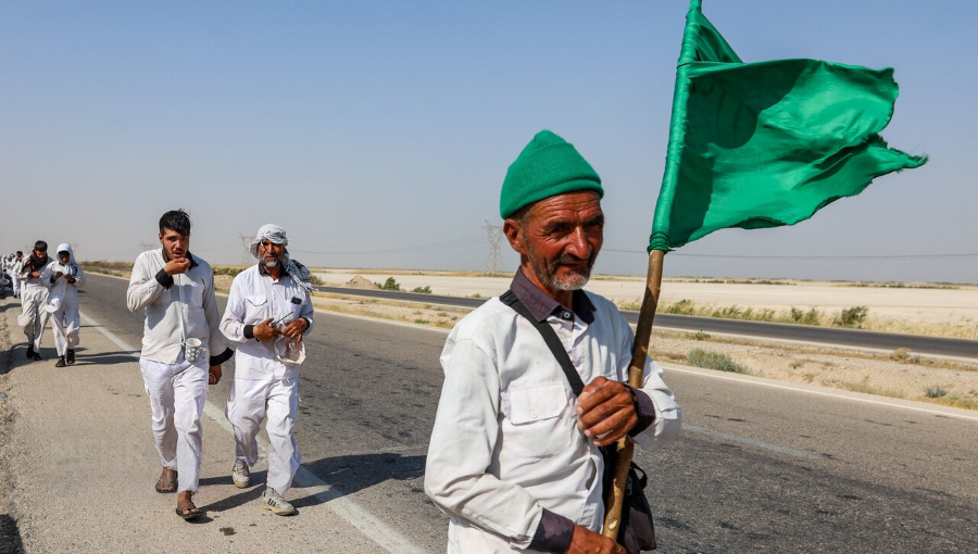 Pilgrims cross the Iran-Iraq border for the annual march to Karbala in Iraq under the hottest weather conditions in history.