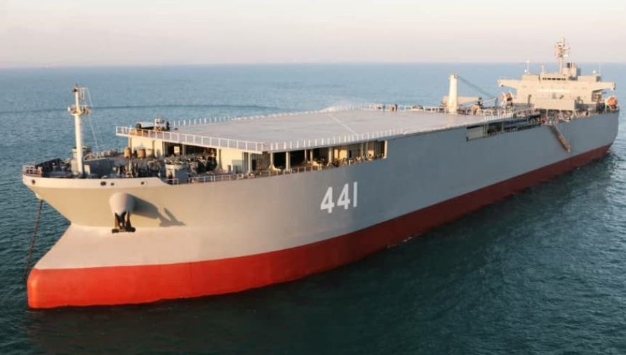 Iran introduces its military logistics vessel made from a converted oil tanker.