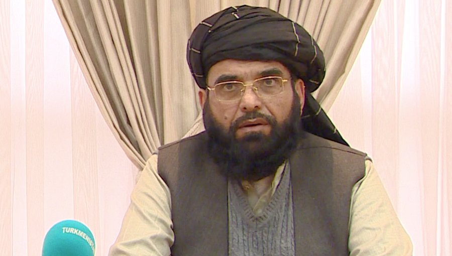 Suhail Shaheen, who was serving as a member of the Taliban’s Qatar-based negotiation team, speaking to reporters in Ashgabat in February.