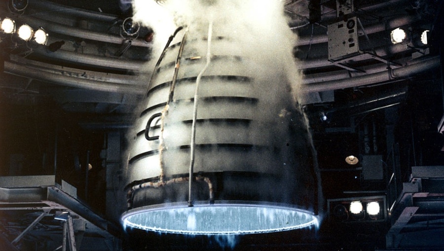 A space shuttle main engine burning hydrogen with oxygen, produces a nearly invisible flame at full thrust.