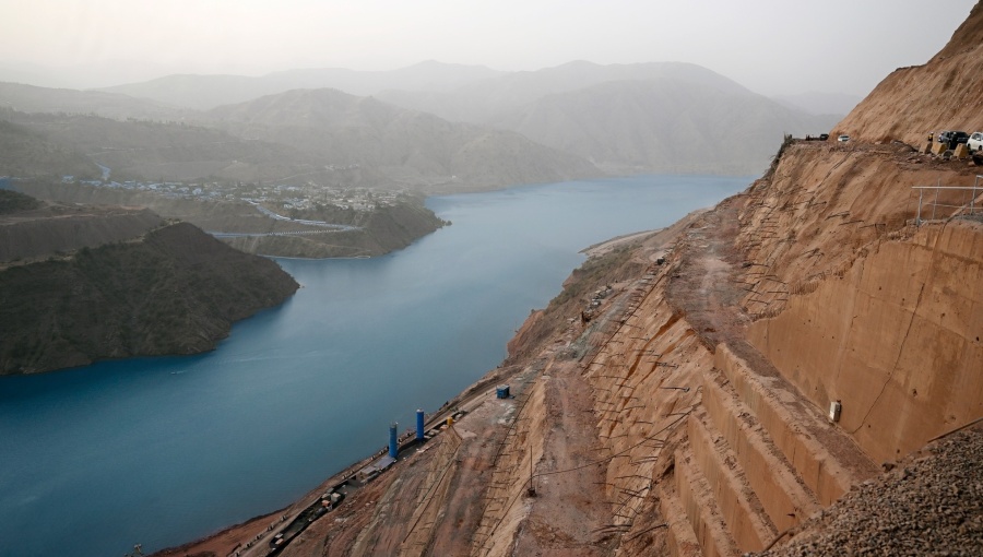 The unfinished part of the Rogun Dam as of August 26. World Bank officials reportedly decided to freeze Rogun funding, which halted the project.