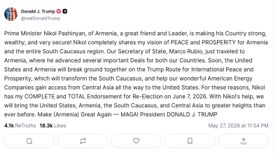 Trump gives resounding endorsement to Armenian PM Pashinyan ahead of election