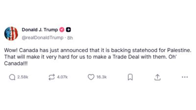Trump threatens tariffs as Canada signals recognition of Palestinian state