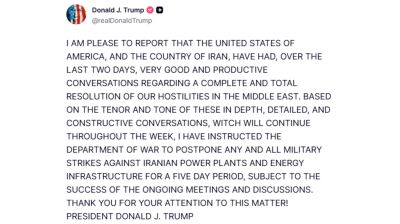 Trump suspends Iran power plant strikes for five days, citing 'productive' direct talks with Tehran