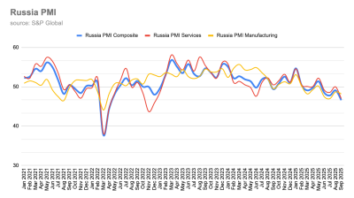 Russian manufacturing contracts for sixth straight month to 48.3 in November as output drops sharply