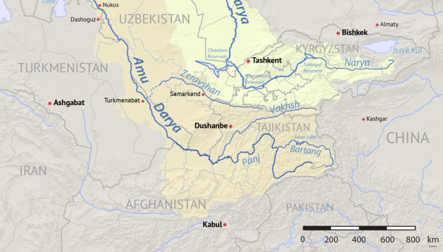 Map showing the watershed of the Amu Darya (orange). The dwindling health of the river is a stark illustration of the consequences of poor water resources management.