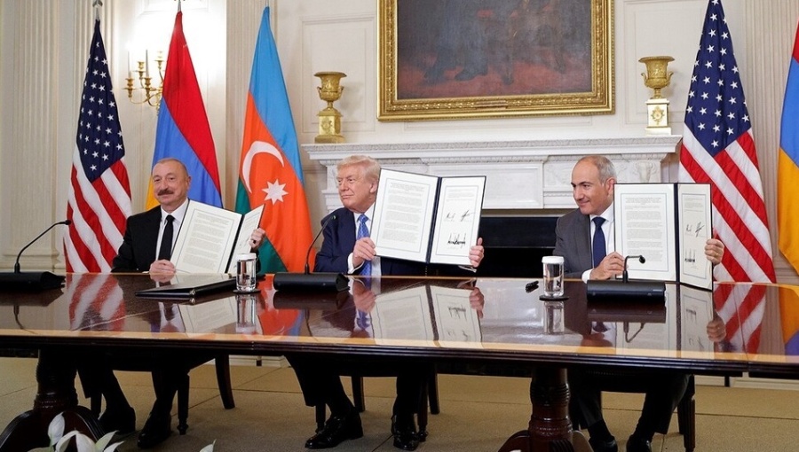 Azerbaijani President Ilham Aliyev, US President Donald Trump and Armenian Prime Minister Nikol Pashinyan at the White House summit in August 2025. 