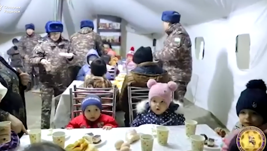 In Uzbekistan, soldiers set up emergency tents to provide heat and warm meals to people stranded in the freezing weather.