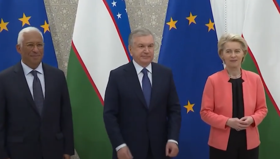 From left, President of the European Council, António Costa, Uzbek President Shavkat Mirziyoyev and European Commission President, Ursula von der Leyen, prepare to get the summit under way.