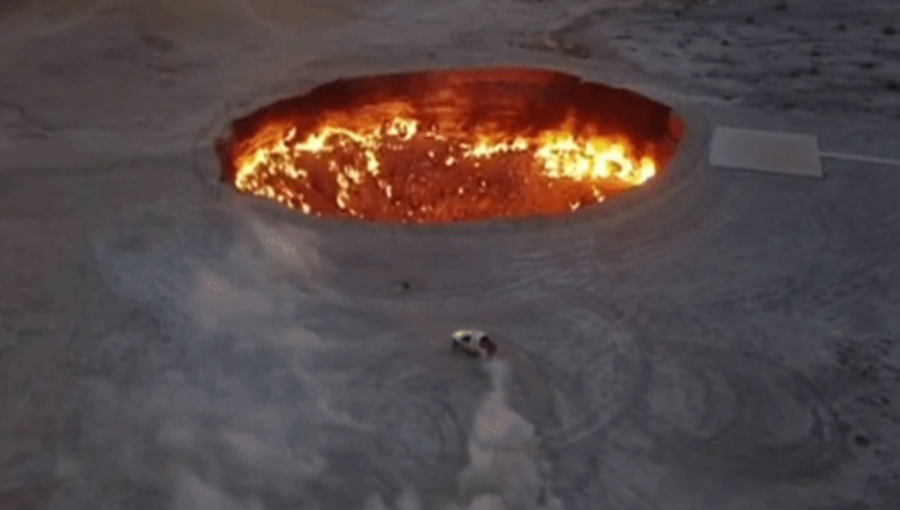 In the summer of 2019, then Turkmen president Gurbanguly Berdimuhamedov was shown on state TV supposedly doing doughnuts in a car only metres away from crater edge.