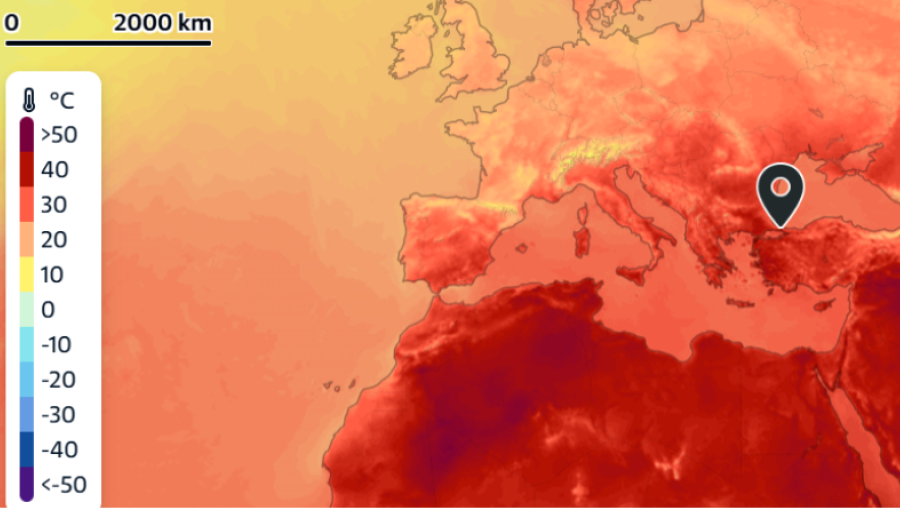 Hellish heat: Temperature map forecast for Istanbul tomorrow (July 23) at 15:00 local time.