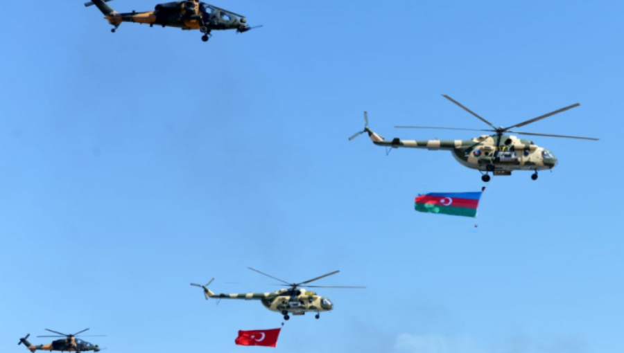 Turkish and Azerbaijani aircraft take part in a September 15 ceremony in Baku.