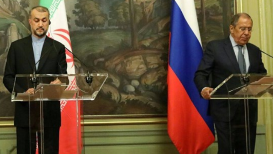 Iranian Foreign Minister Hossein Amir-Abdollahian at the Moscow press conference with Russian counterpart Sergey Lavrov.