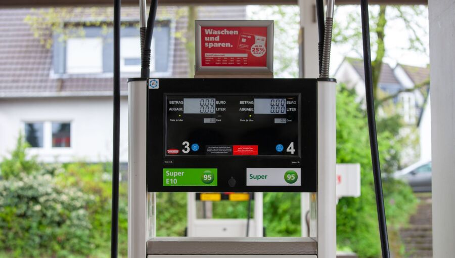 Detailed view of a modern gas pump at a fuel station in Bergisch Gladbach, Germany.