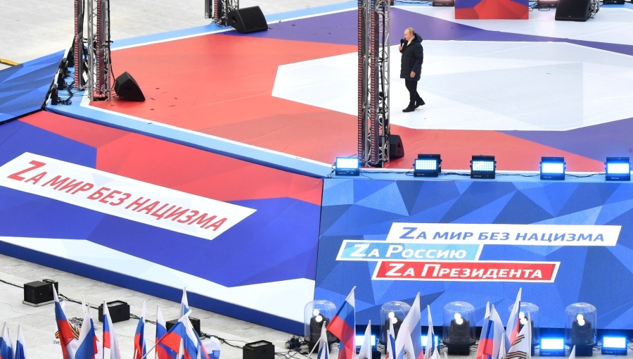 Putin spoke to a packed Luzhniki Stadium in Moscow to celebrate the eighth anniversary of the annexation of Crimea.