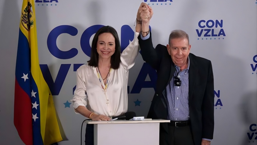 María Corina Machado and Edmundo González, the opposition's 2024 candidate. Machado has been unable to return to Venezuela despite repeated attempts.